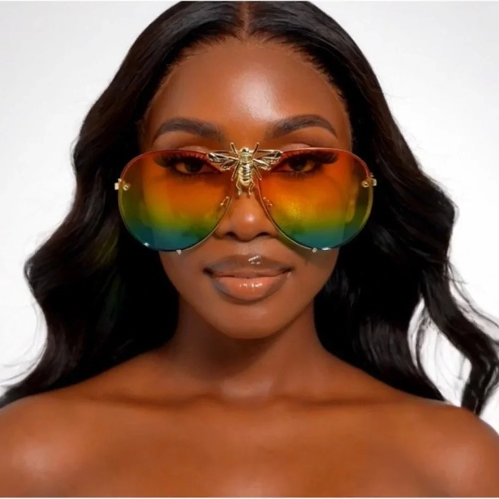 Aviator Sunglasses Rainbow Lens Gold Bee‎ Accent Fashion Sun Glasses